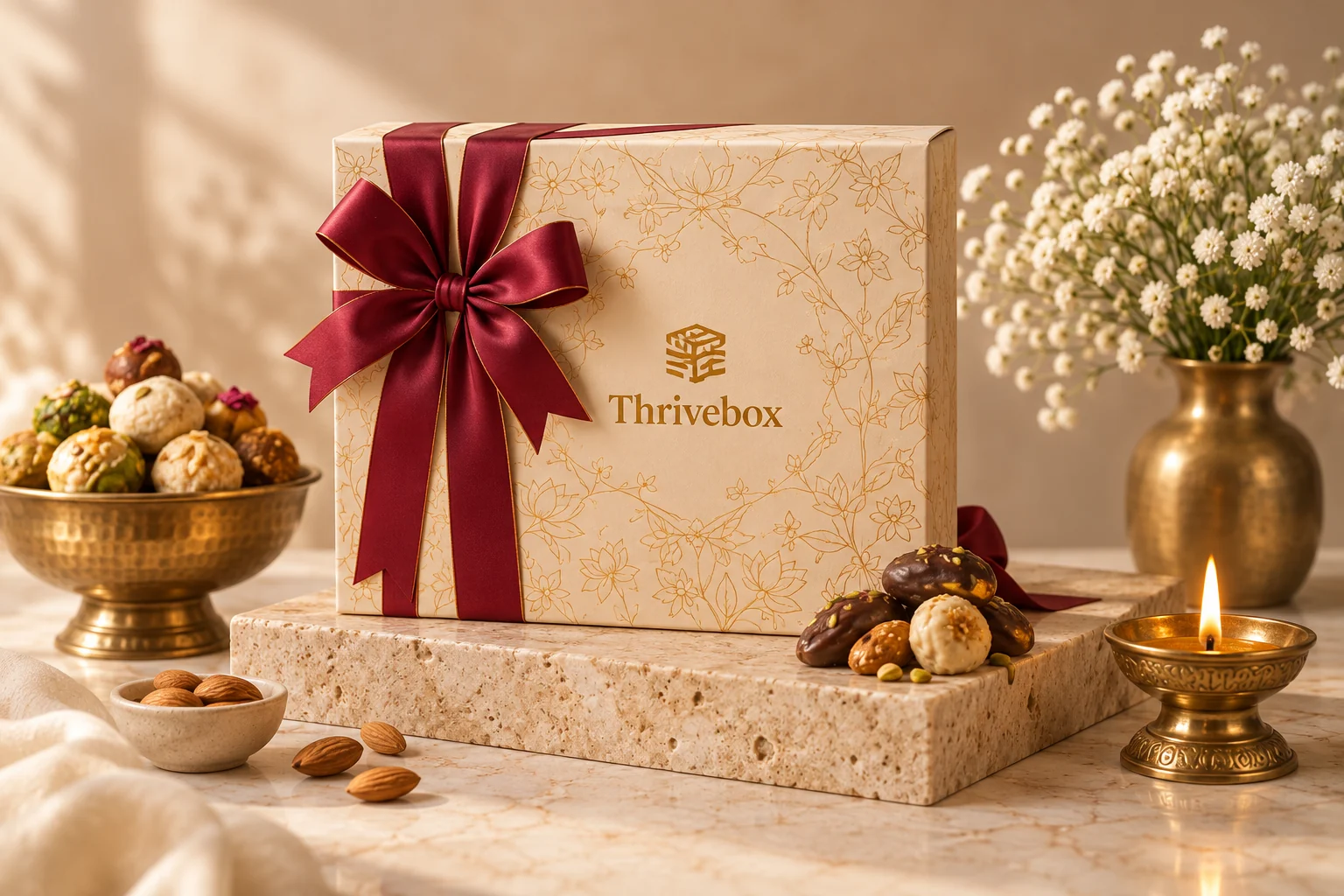 An ivory gift box tied with a burgundy ribbon beside Indian sweets