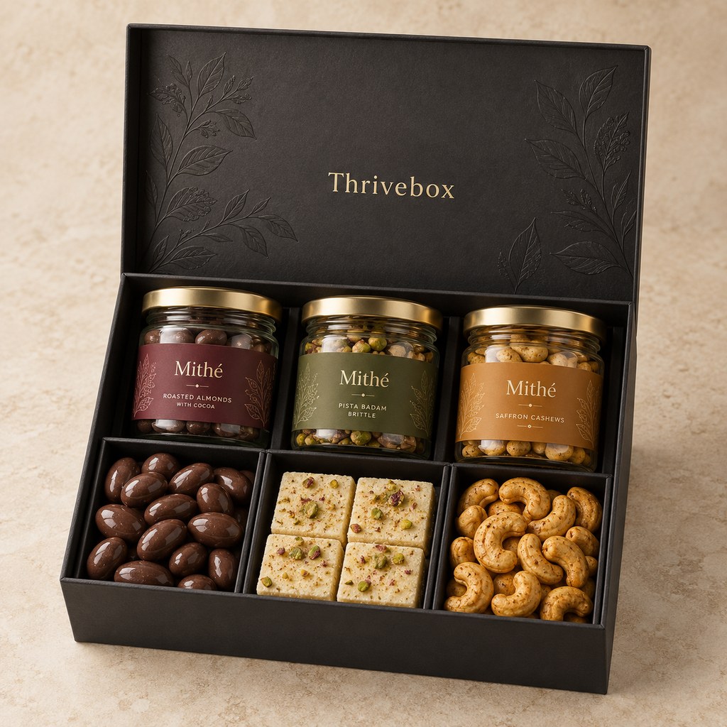 An open Thrivebox gift box with Mithé jars and a selection of sweets and nuts