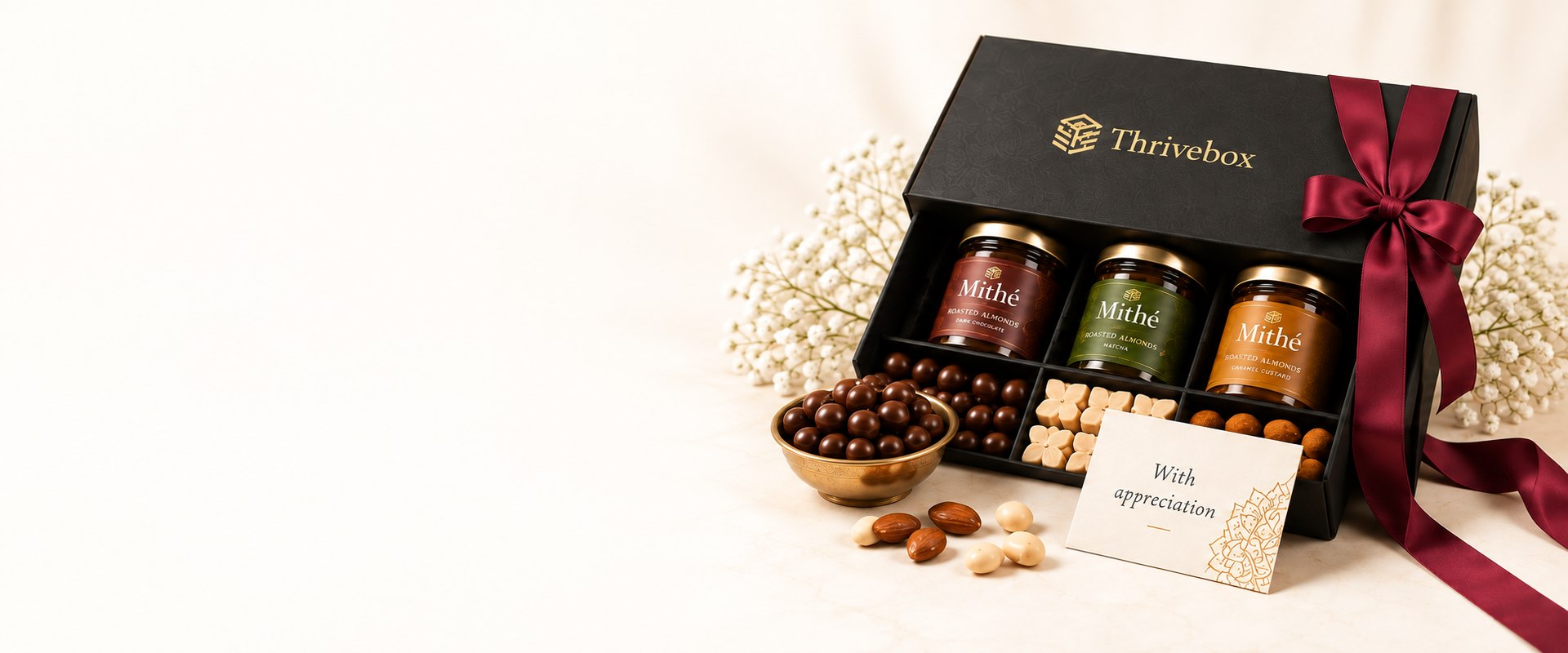 A black Thrivebox hamper with Mithé jars, a burgundy ribbon and an appreciation card
