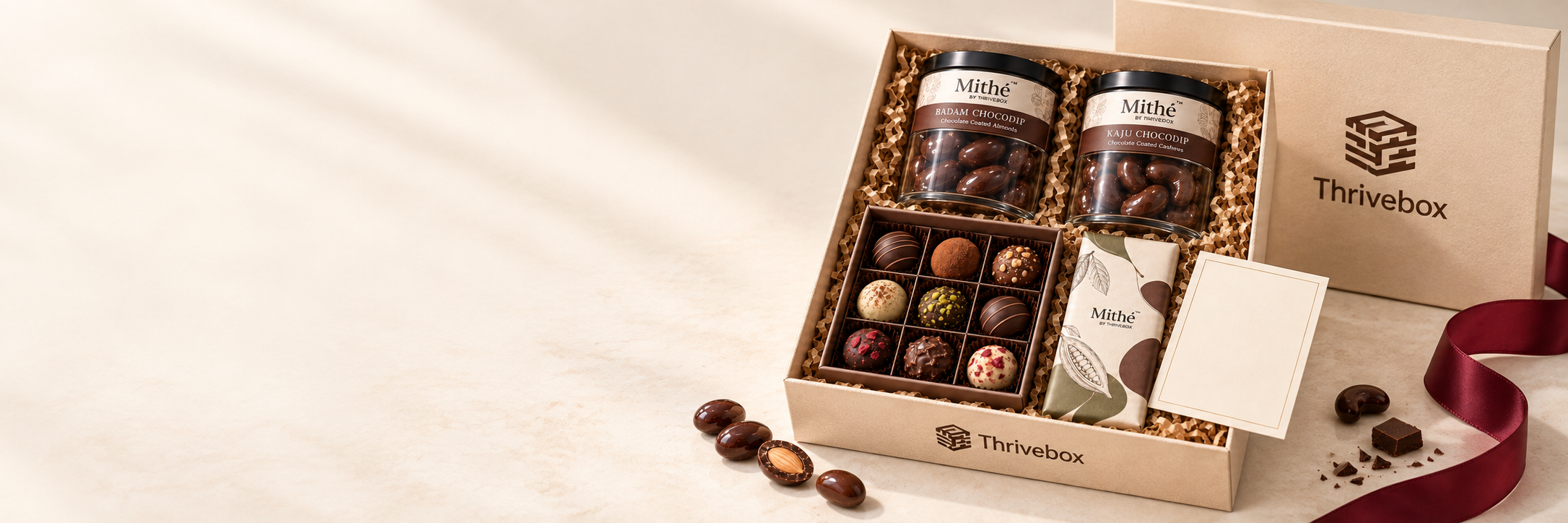 Thrivebox branded hamper with Chocodip jars and assorted chocolates