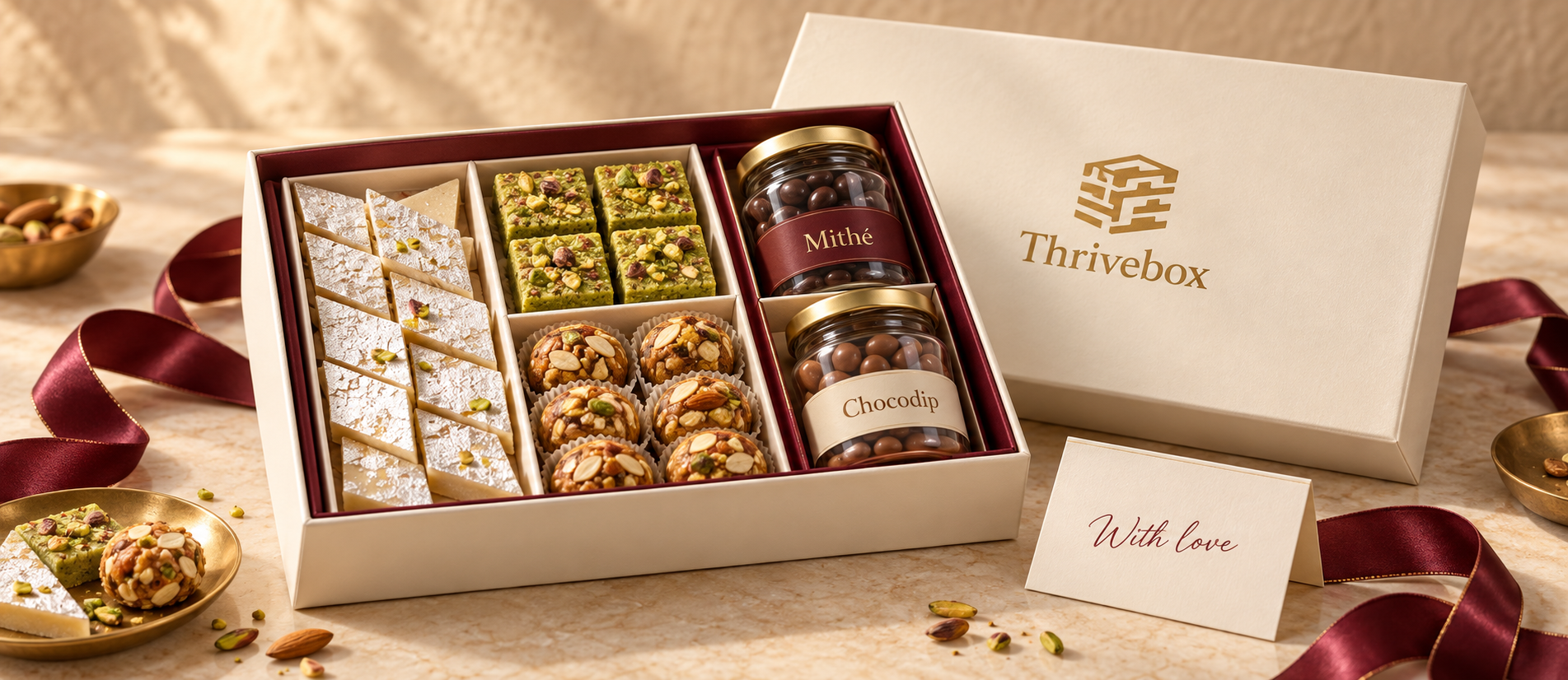Thrivebox branded ivory gift box with Indian sweets, Mithé Chocodip jars and a personal note